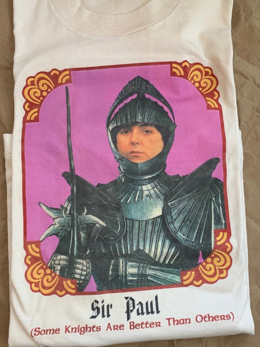 90S, UNISEX PAUL MCCARTNEY T SHIRT WITH PAUL IN A KNIGHTS ARMOR.